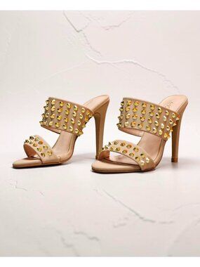 Studded Taupe High-Heel Sandals With Gold Accents & Open Toe Design